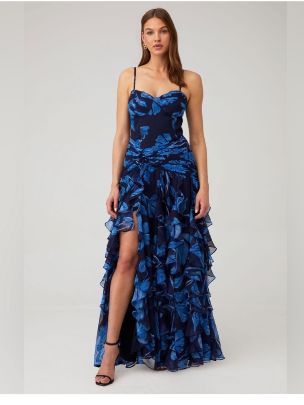 PatBO Nightflower Bustier Floral Indigo Slit Blue Ruffle‎ Maxi Dress 2 $1100